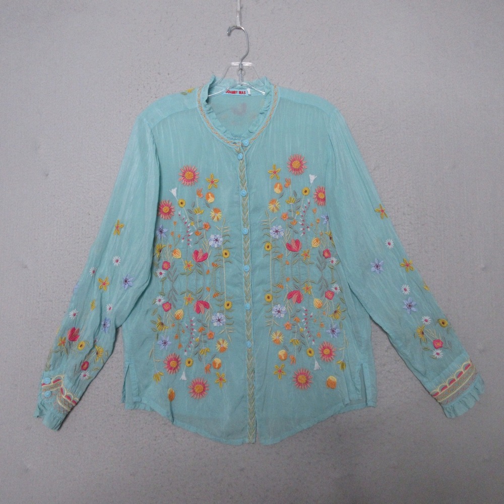 Johnny Was Top Blue Floral Embroidered Boho Iolanda Button Cupra Prairie Cottage